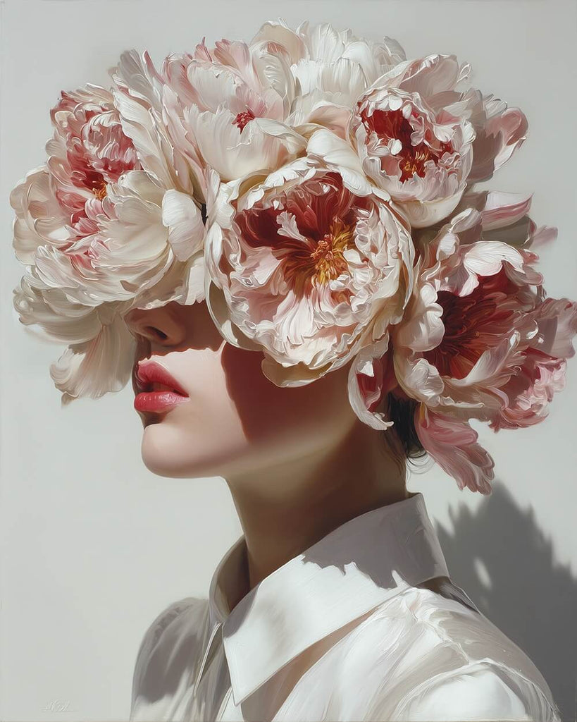 Pink Peony Flower Woman Paint by Numbers