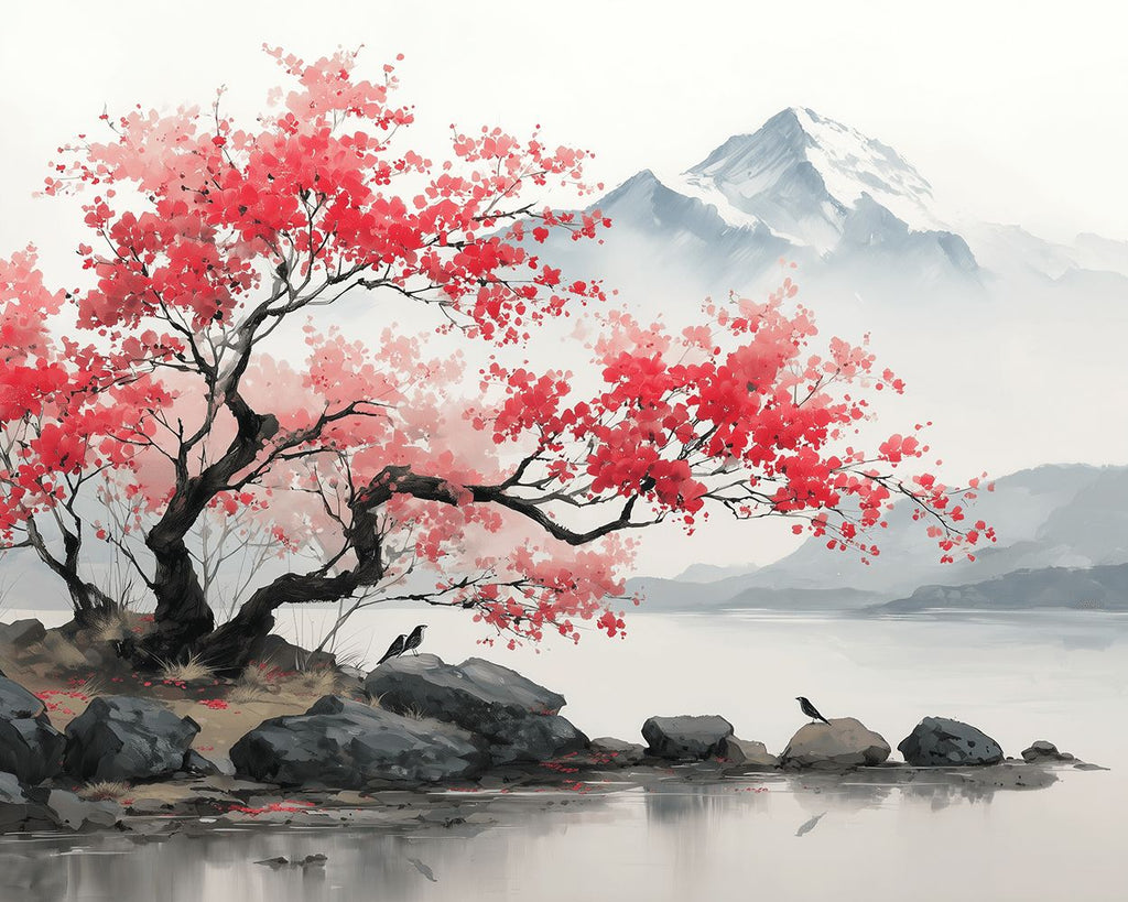 Pink Tree in Ink Landscape Painting Paint by Numbers