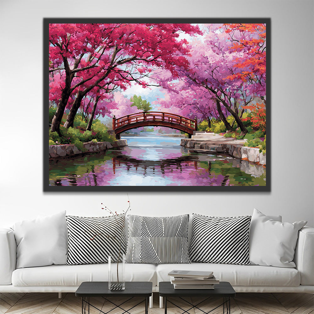 Pink Trees beside the River in the Park Paint by Numbers