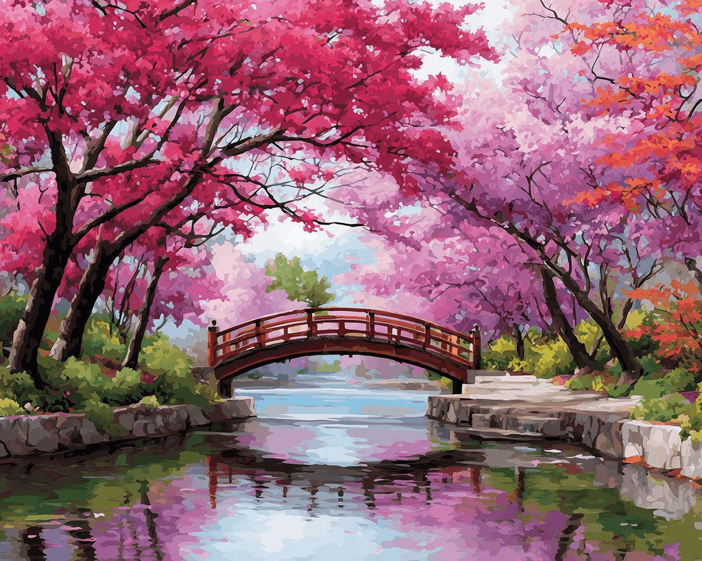 Pink Trees beside the River in the Park Paint by Numbers