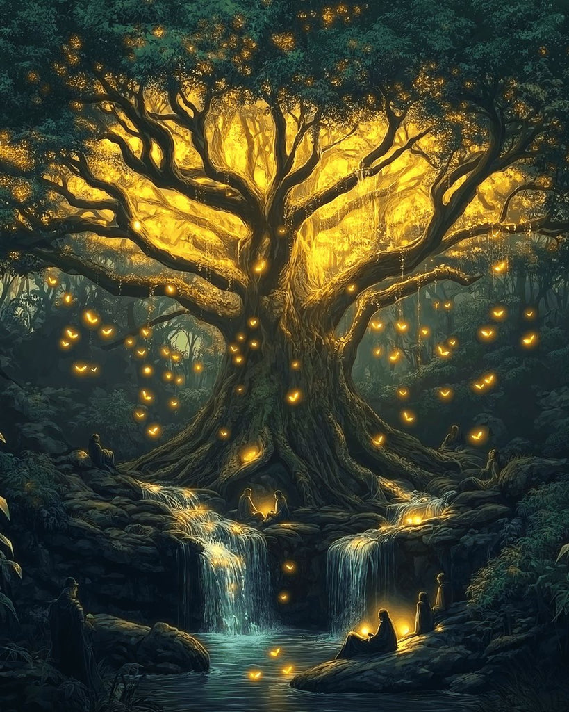 Practitioners under the Mysterious Golden Light Tree Paint by Numbers