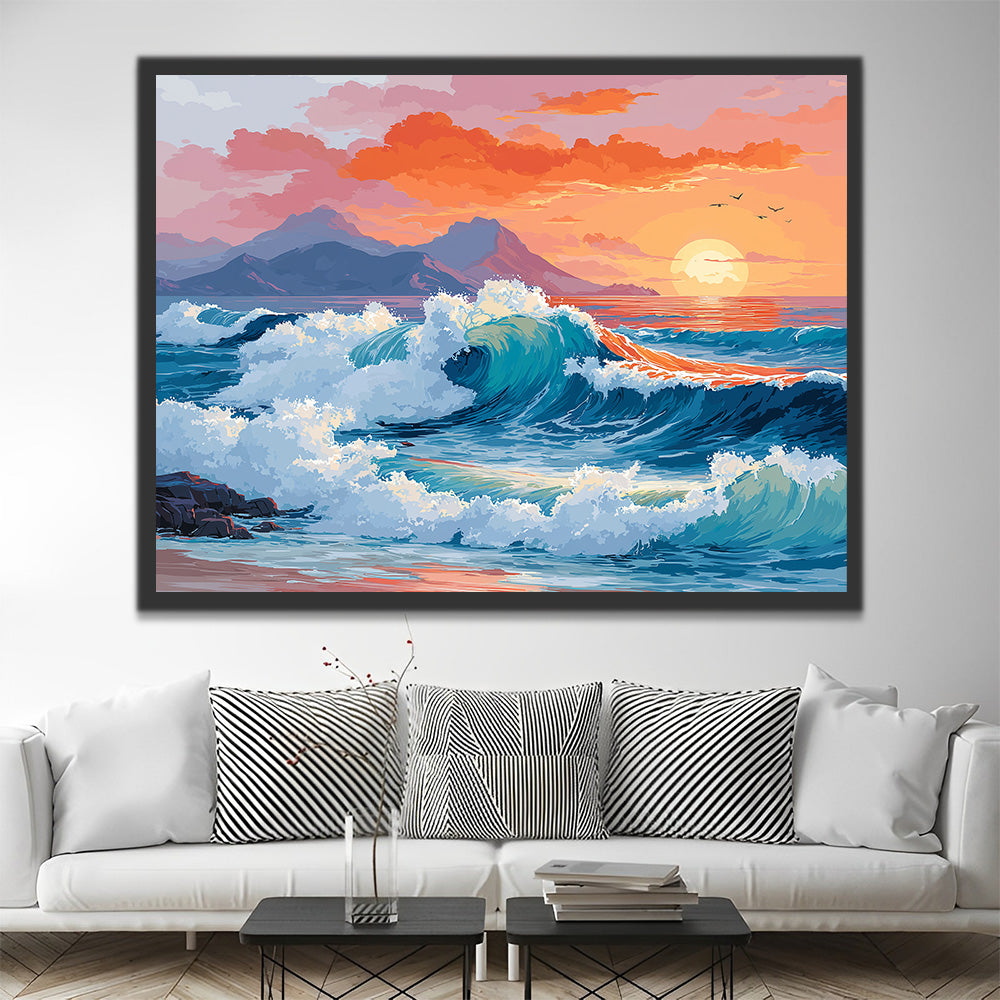 Raging Waves at Sunset Paint by Numbers
