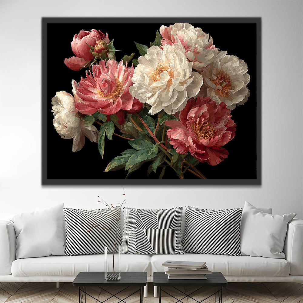 Red and White Peonies in the Dark Paint by Numbers