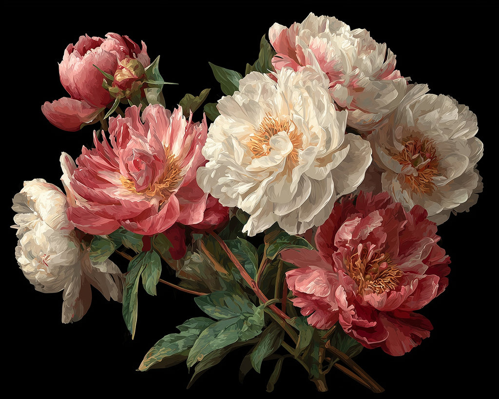 Red and White Peonies in the Dark Paint by Numbers