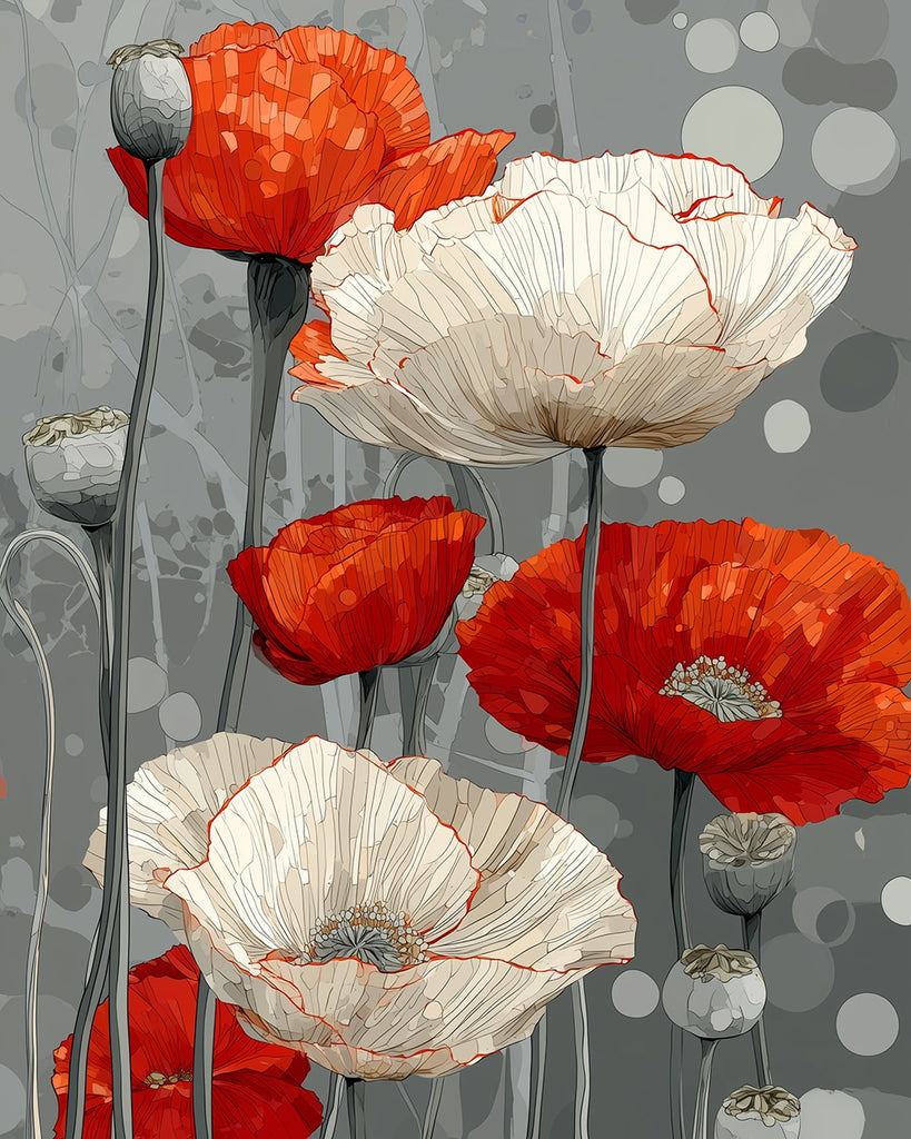 Red and White Poppies Paint by Numbers
