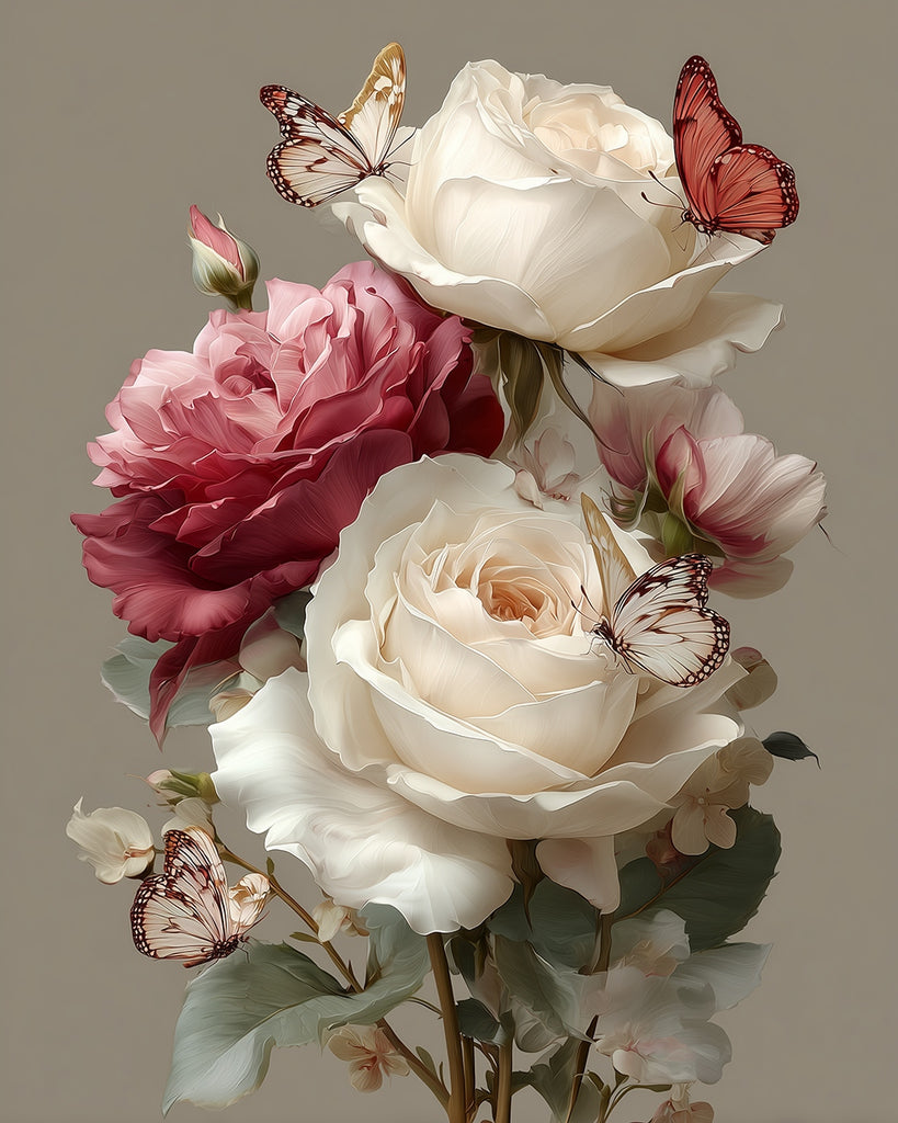 Red and White Roses and Butterflies Paint by Numbers