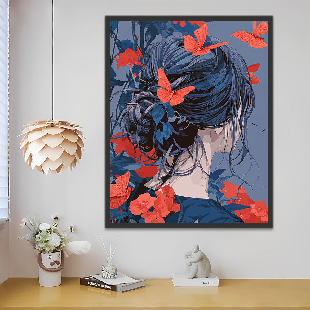 Red Butterflies Surround the Woman Paint by Numbers
