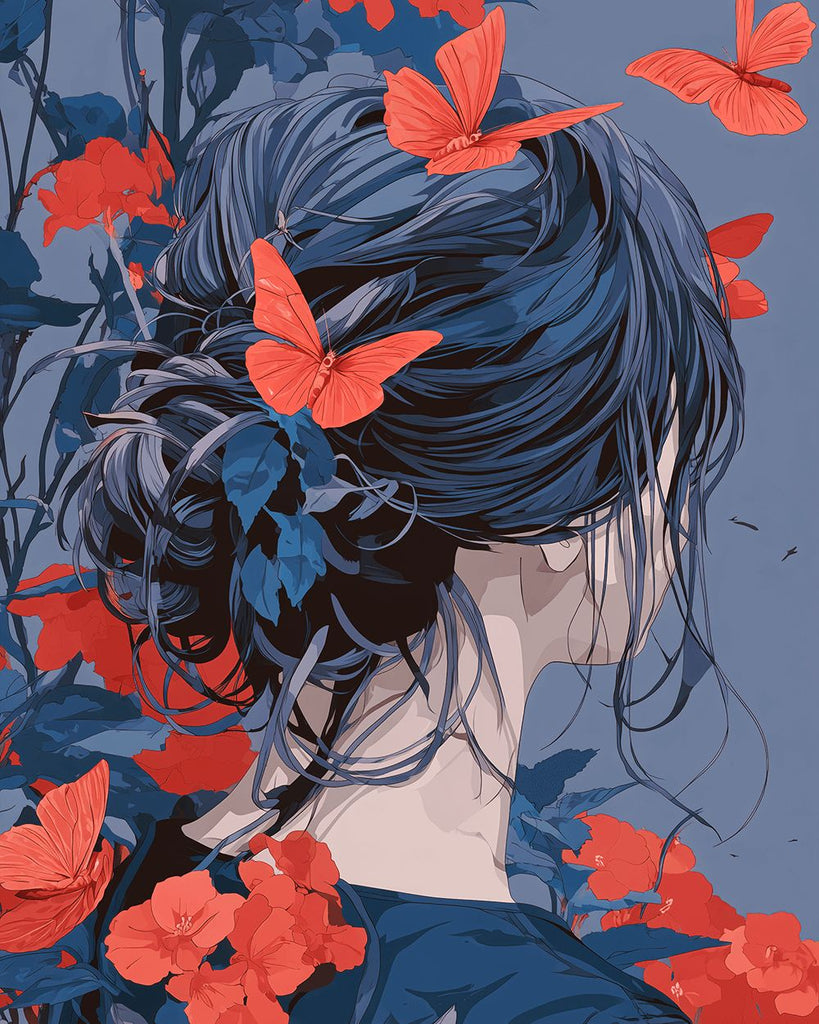 Red Butterflies Surround the Woman Paint by Numbers