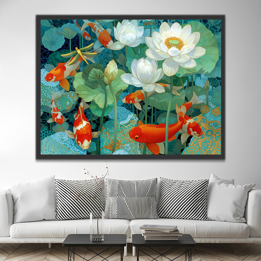 Red Koi in White Lotus Pond Paint by Numbers