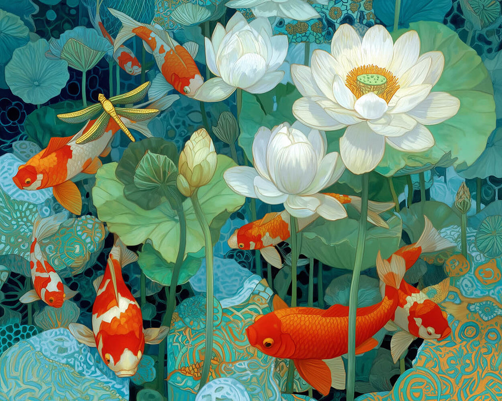 Red Koi in White Lotus Pond Paint by Numbers