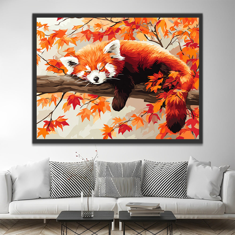 Red Panda Sleeping on a Red Maple Tree Paint by Numbers