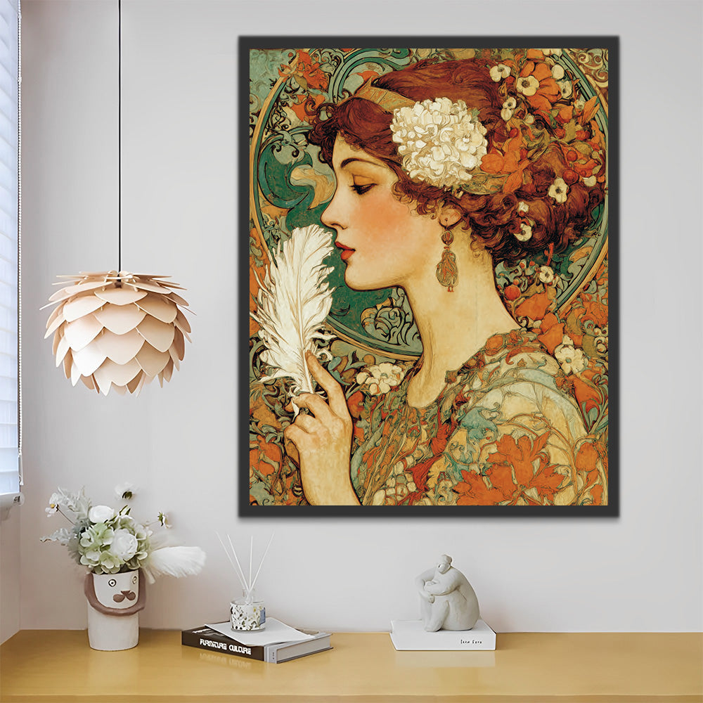 Retro Lady Holding A White Feather Paint by Numbers