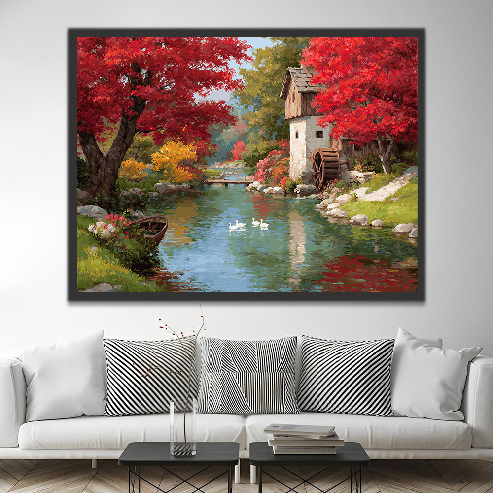 River and Small House in the Forest Paint by Numbers