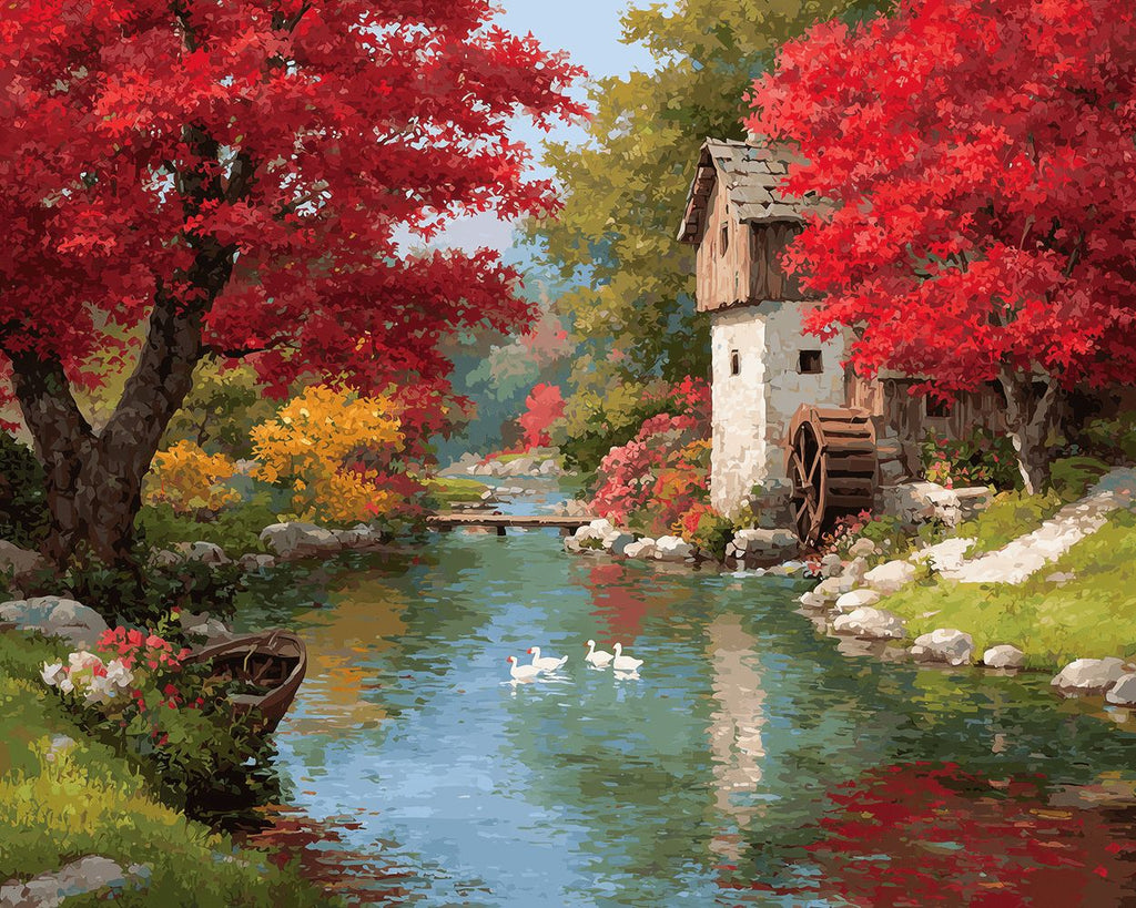 River and Small House in the Forest Paint by Numbers