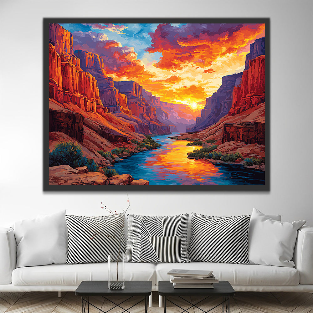 River between Mountains at Sunset Paint by Numbers
