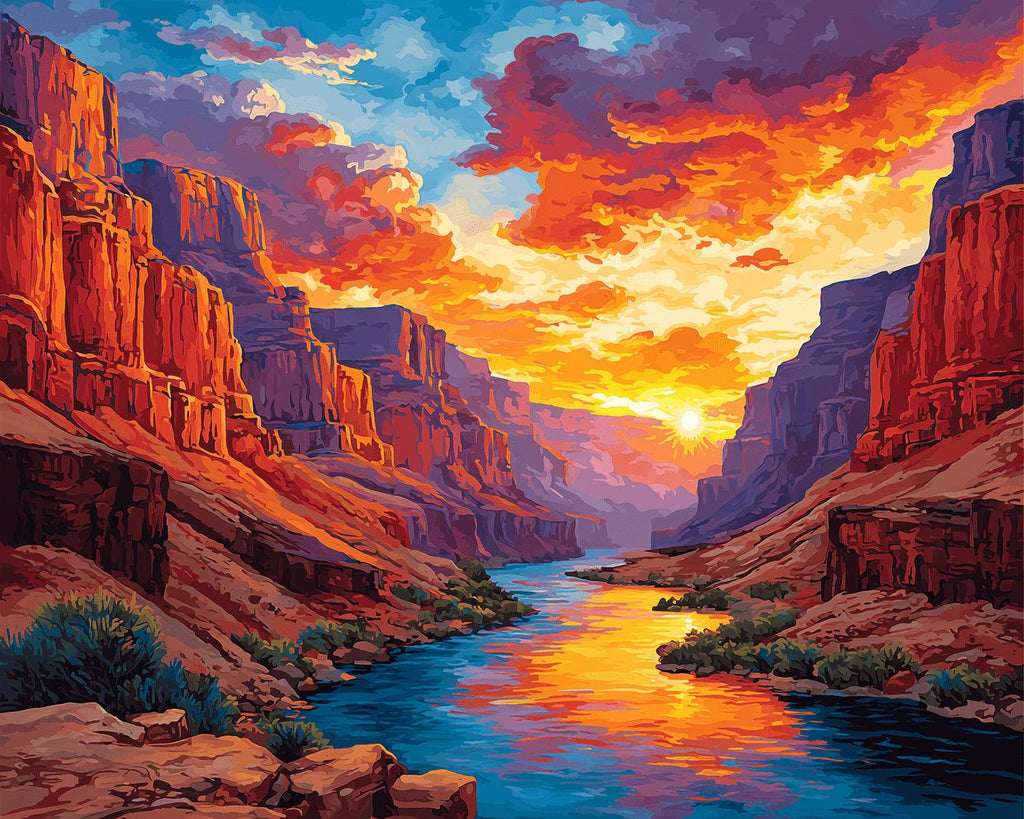 River between Mountains at Sunset Paint by Numbers