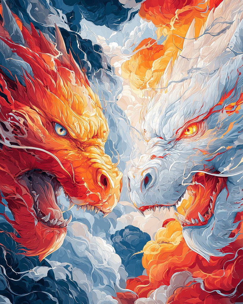 Roaring Fire Dragon and White Dragon Paint by Numbers
