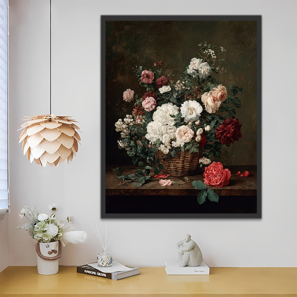 Roses and Peonies in a Bamboo Basket Paint by Numbers