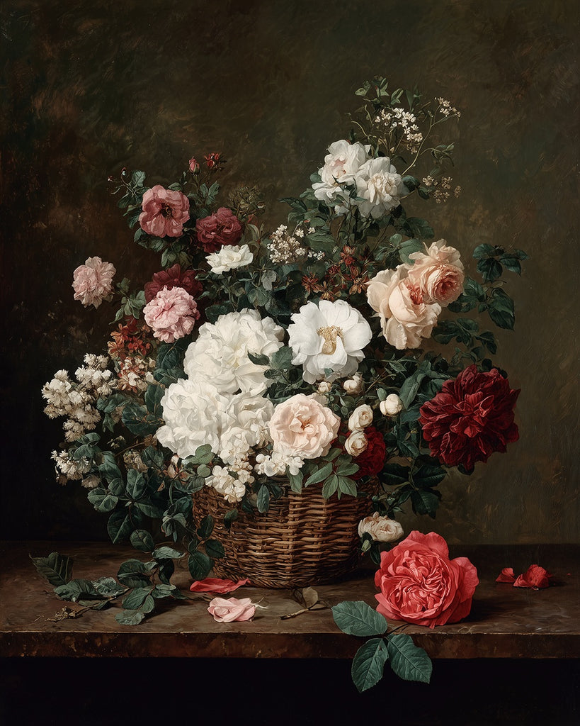 Roses and Peonies in a Bamboo Basket Paint by Numbers