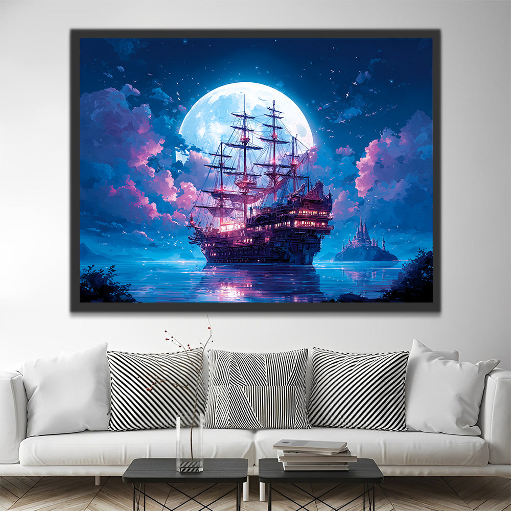 Ship on the Sea under the Moonlight Paint by Numbers