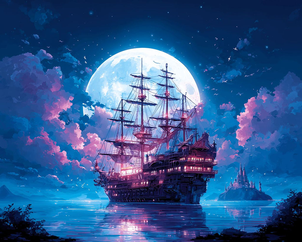 Ship on the Sea under the Moonlight Paint by Numbers
