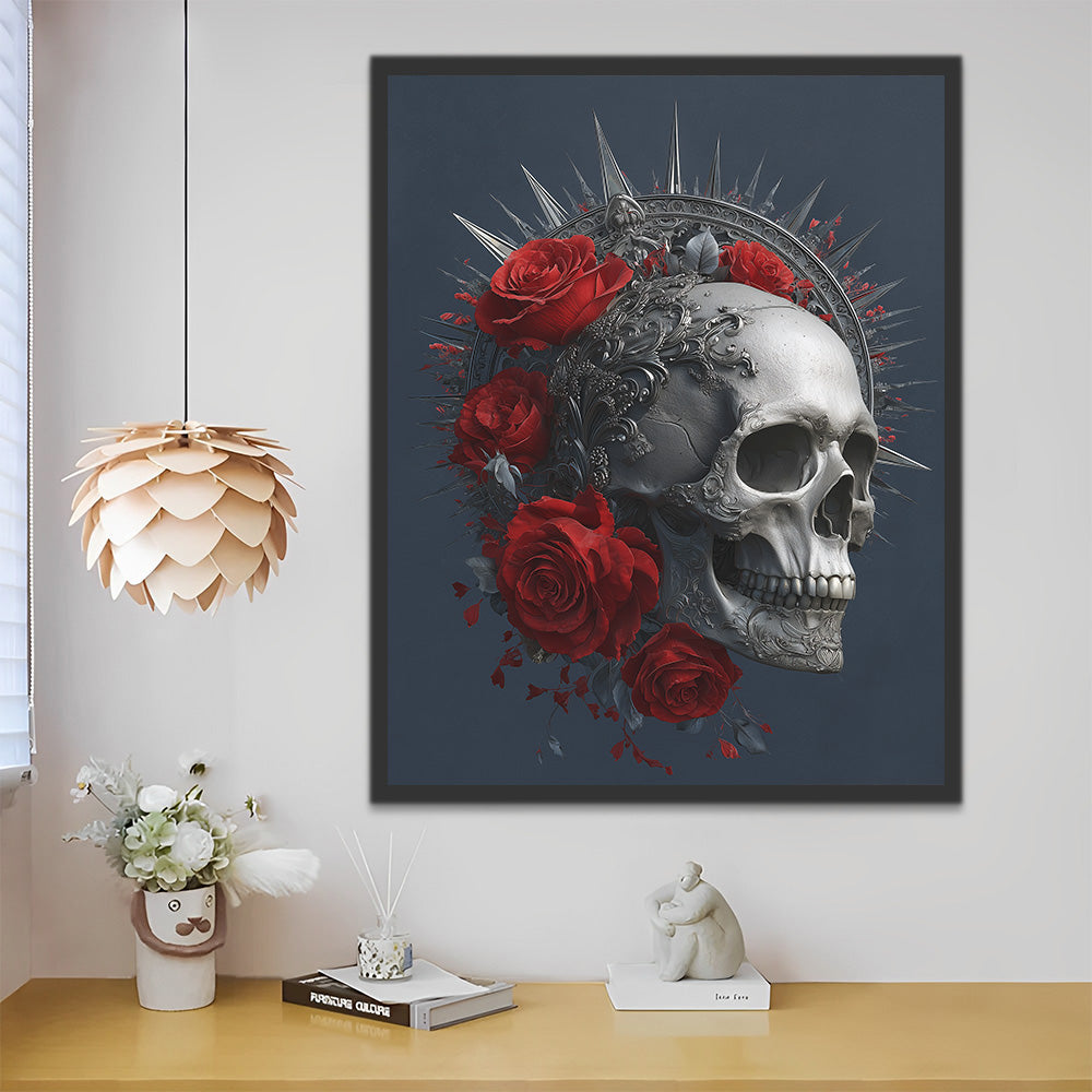 Silver Skull with Crown and Red Roses Paint by Numbers