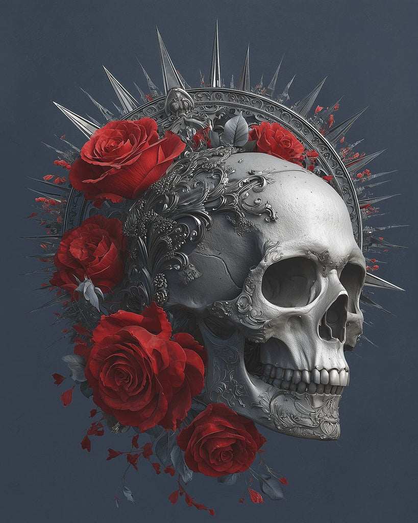 Silver Skull with Crown and Red Roses Paint by Numbers