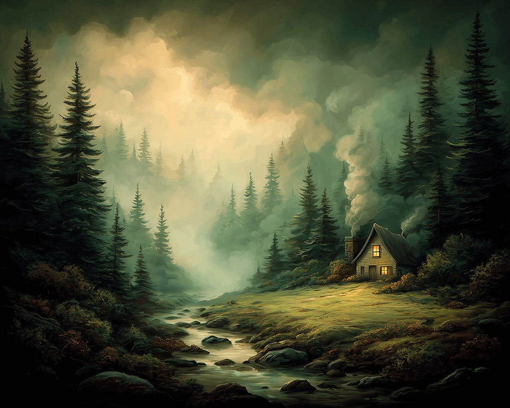 Small House in the Foggy Forest Paint by Numbers