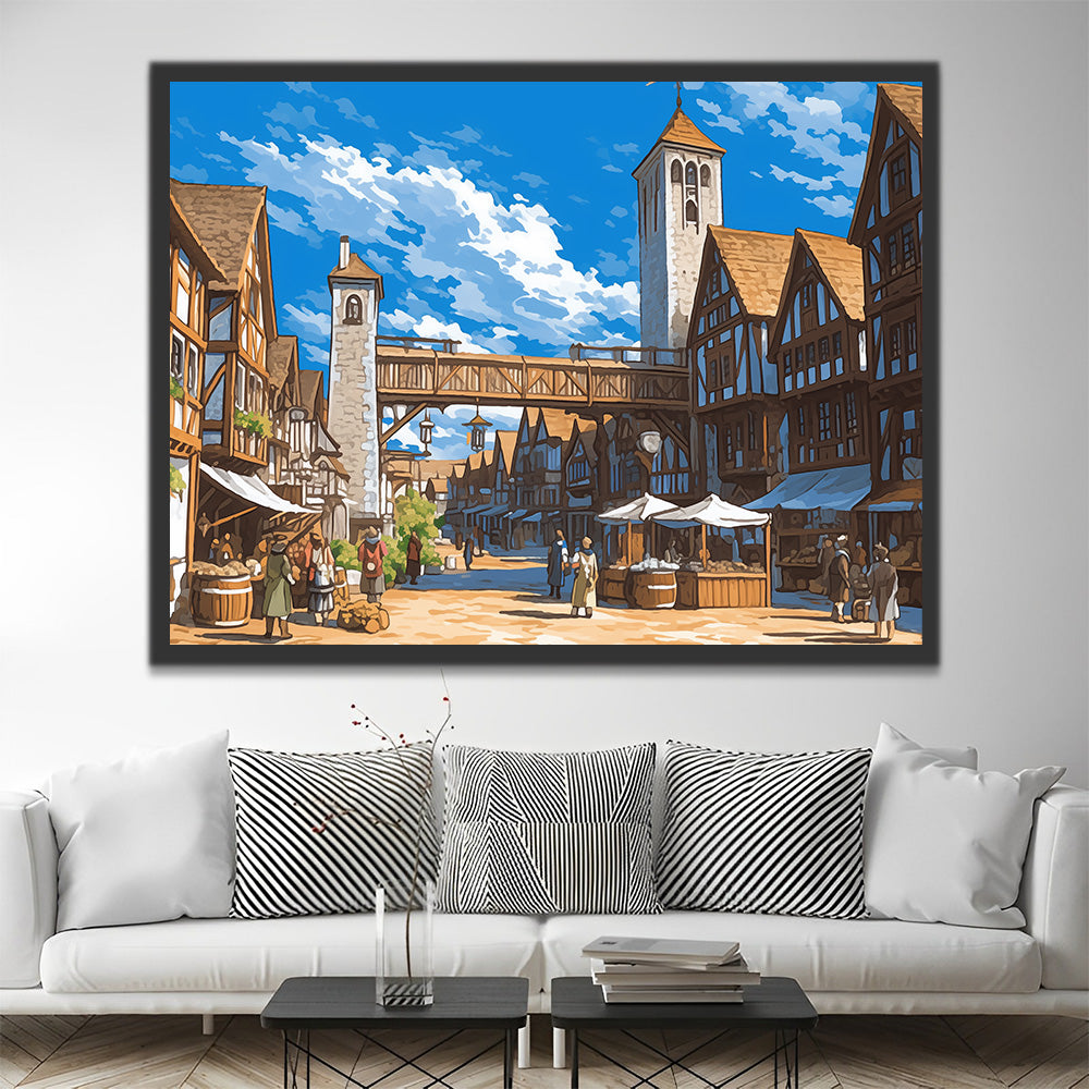 Small Town Market under the Blue Sky Paint by Numbers