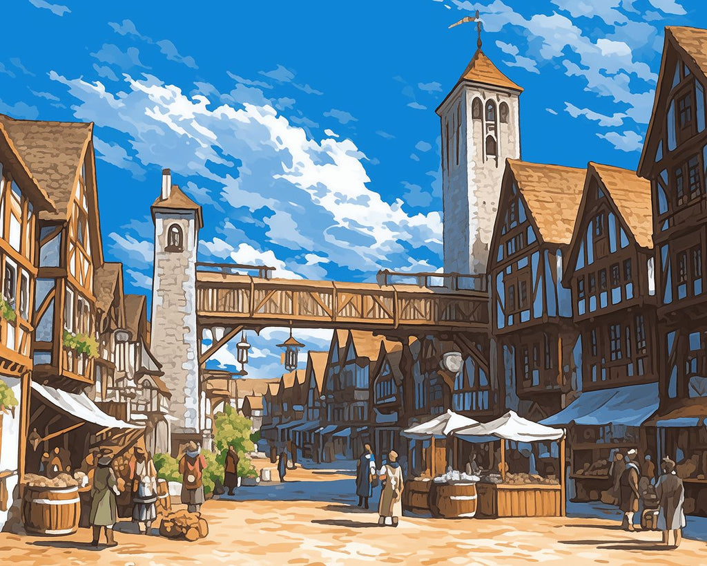 Small Town Market under the Blue Sky Paint by Numbers