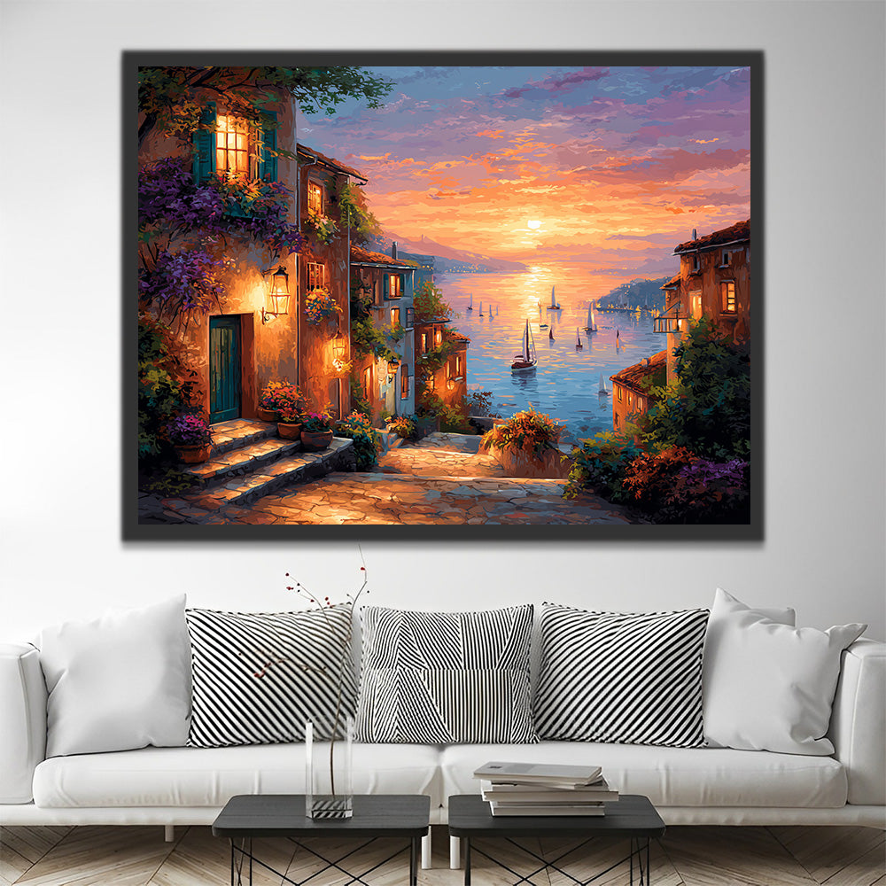 Small Town White Sailboat out to Sea Paint by Numbers