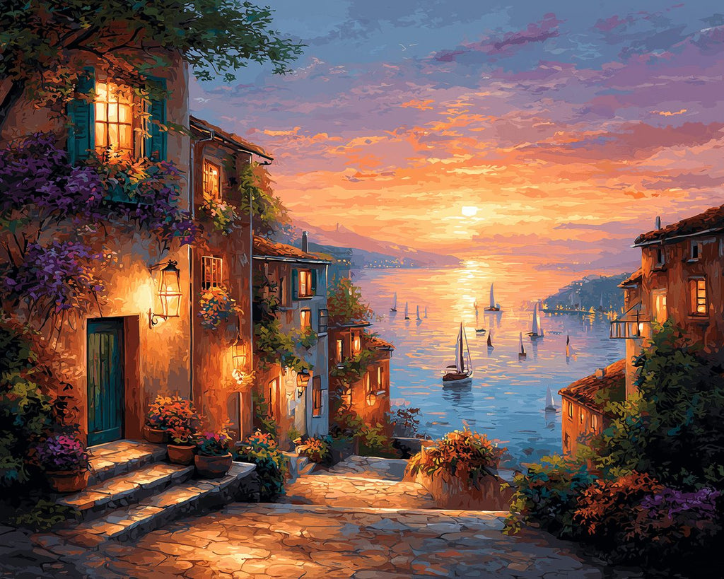 Small Town White Sailboat out to Sea Paint by Numbers