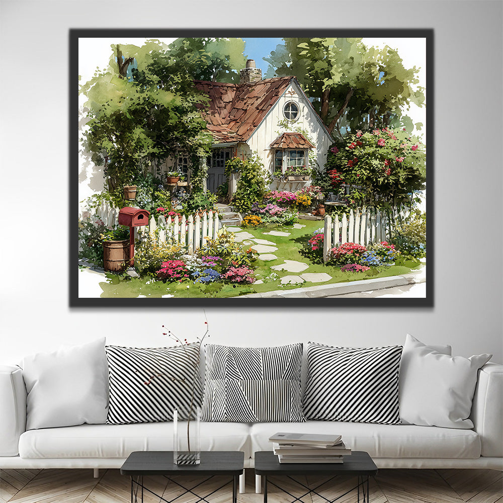 Small White House full of Flowers and Plants Paint by Numbers