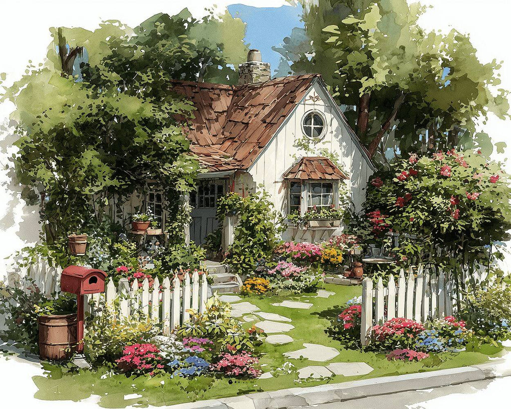 Small White House full of Flowers and Plants Paint by Numbers