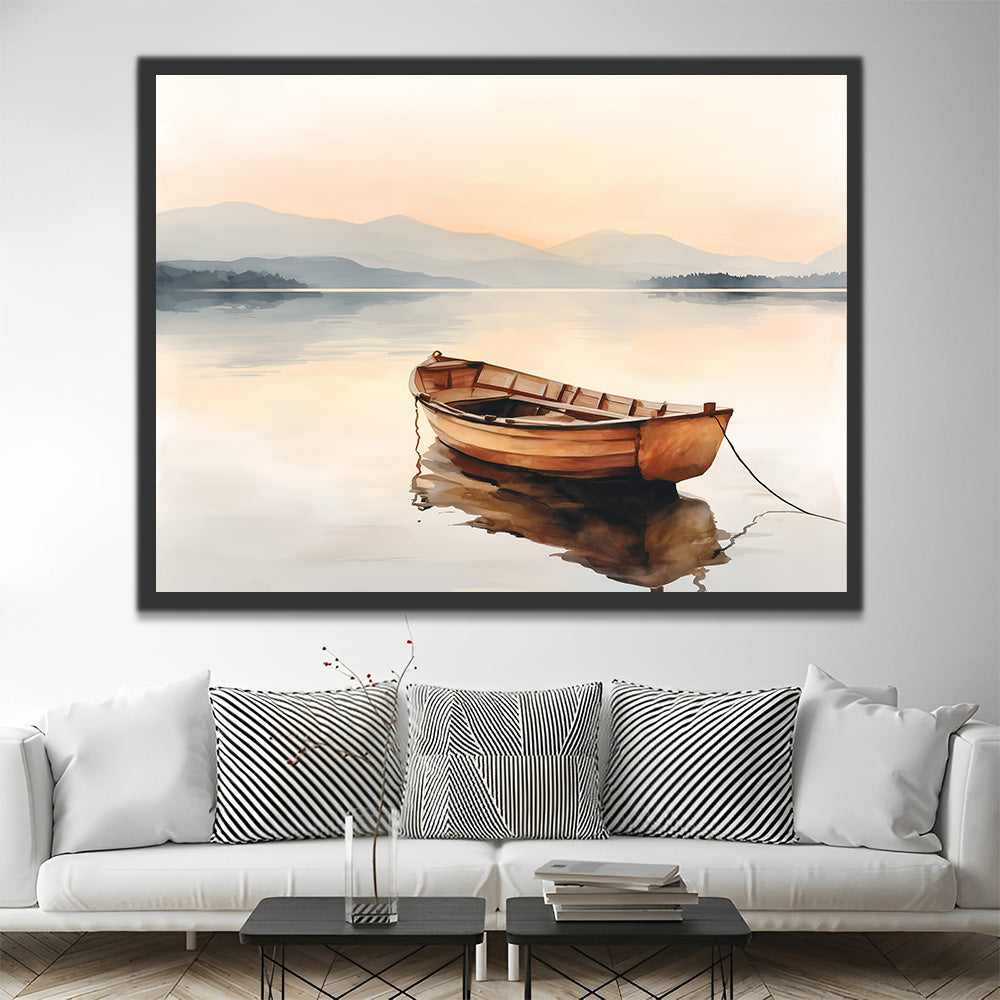 Small Wooden Boat on Calm Lake Paint by Numbers