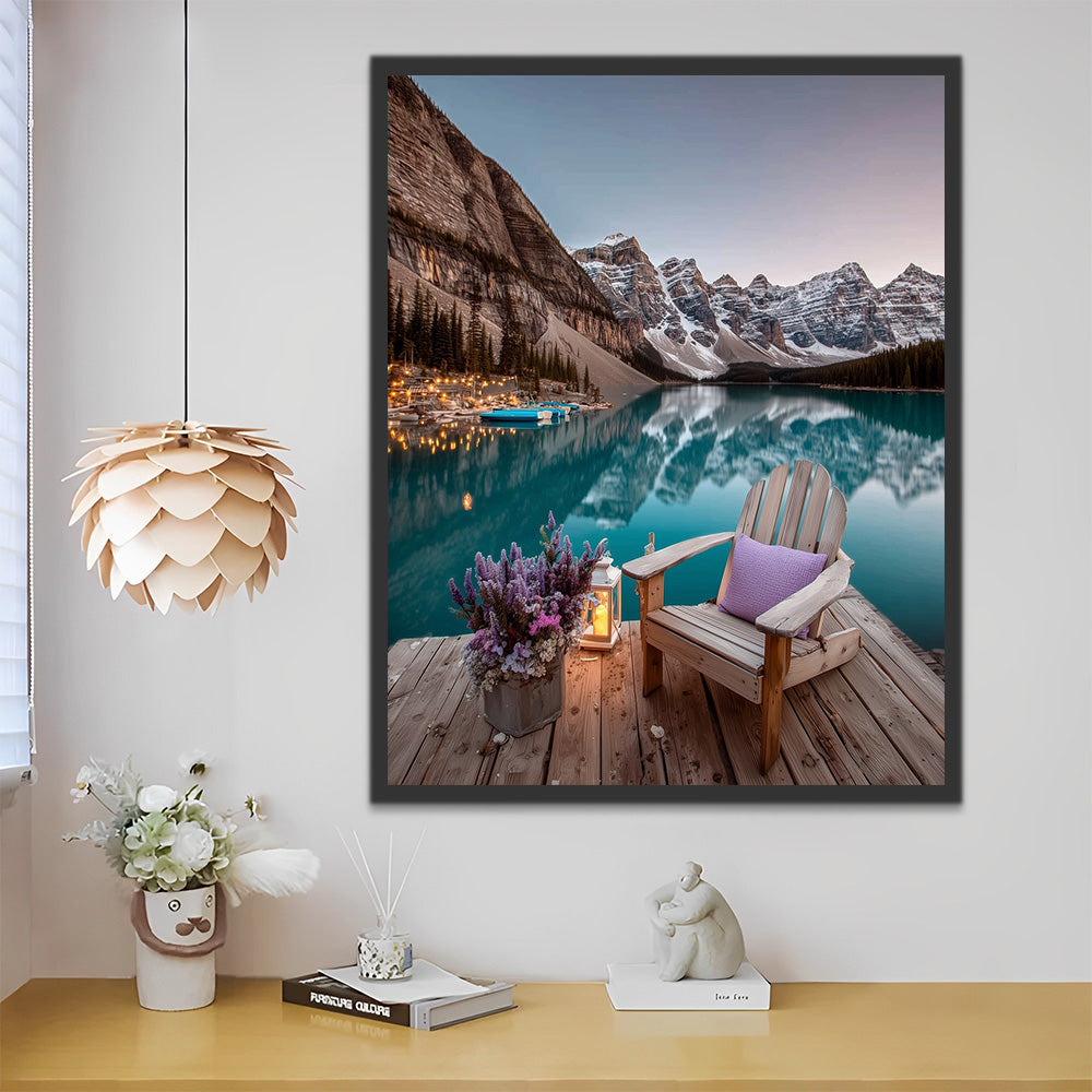 Snow-Capped Mountain, Lake, and Wooden Chair Paint by Numbers