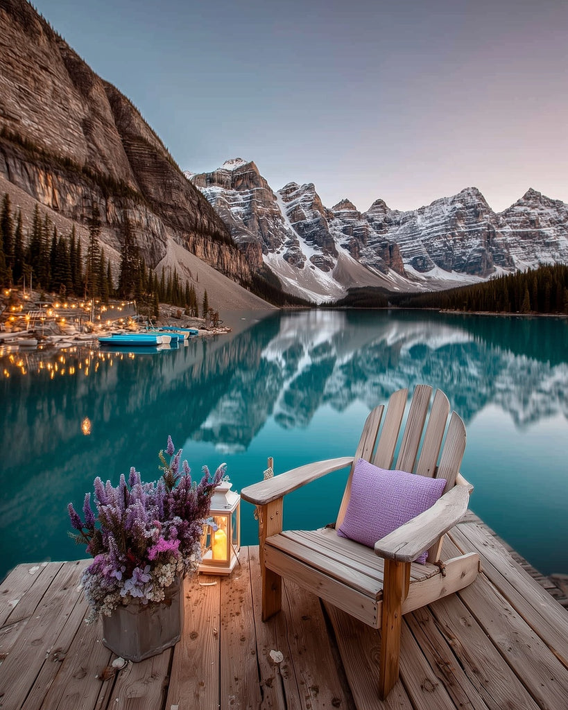 Snow-Capped Mountain, Lake, and Wooden Chair Paint by Numbers