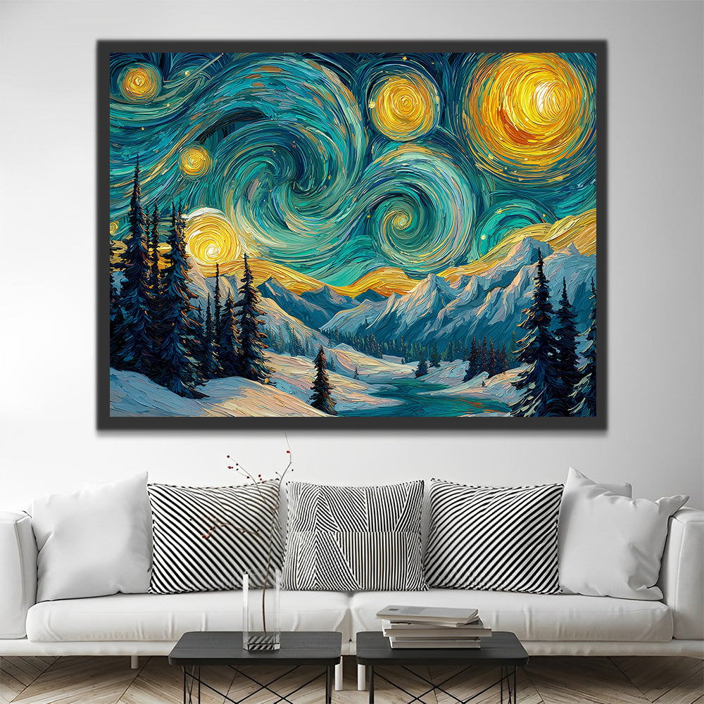 Snowy Mountains under the Starry Night Paint by Numbers