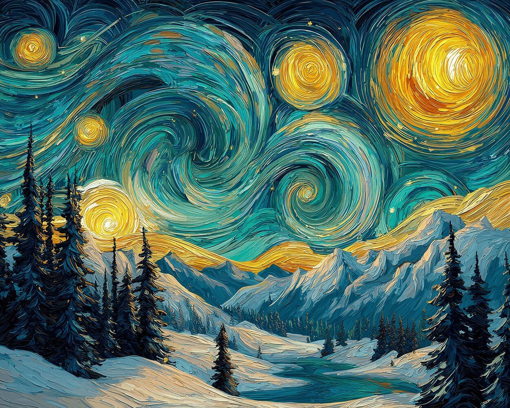 Snowy Mountains under the Starry Night Paint by Numbers