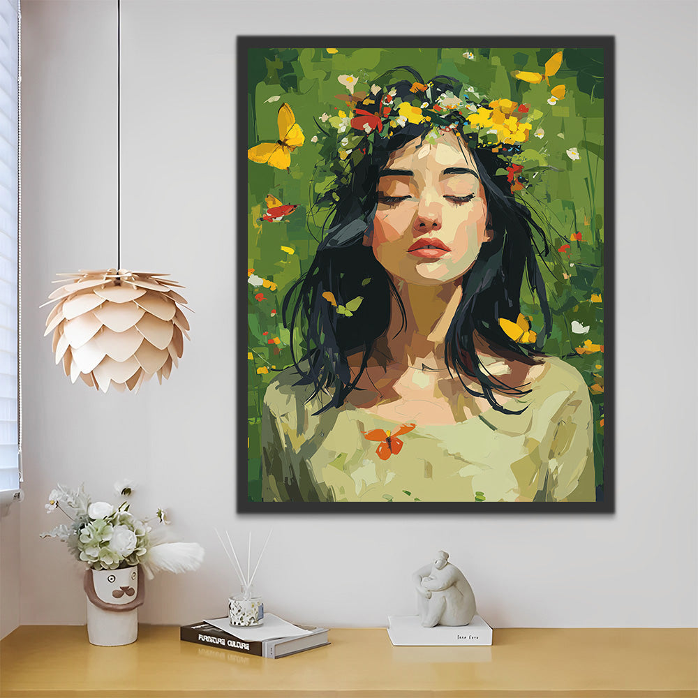 Spring Butterflies Surround the Woman Paint by Numbers