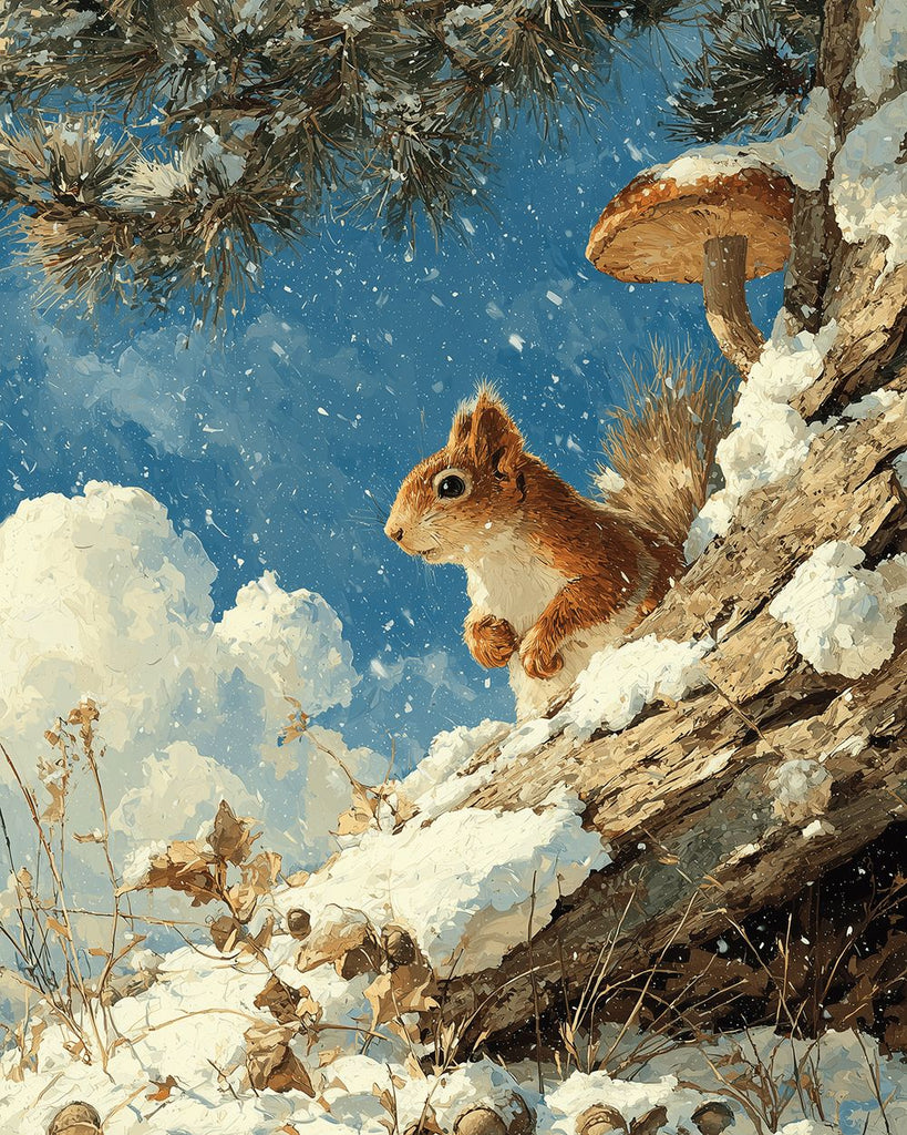 Squirrel under A Pine Tree in the Winter Snow Paint by Numbers