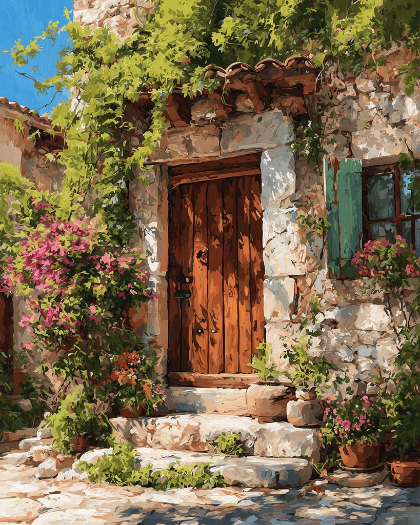 Stone House surrounded by Green Plants Paint by Numbers