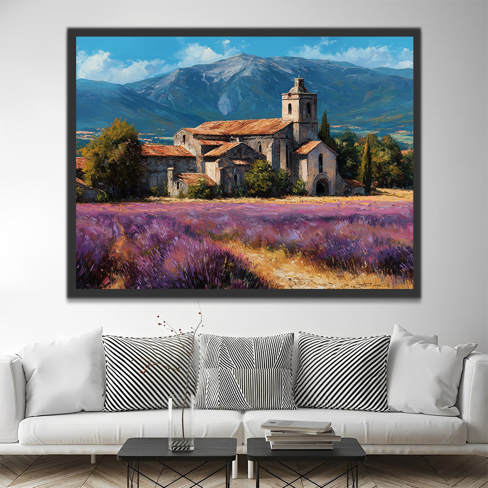 Stone Houses and Lavender Fields at the foot of the Mountain Paint by Numbers