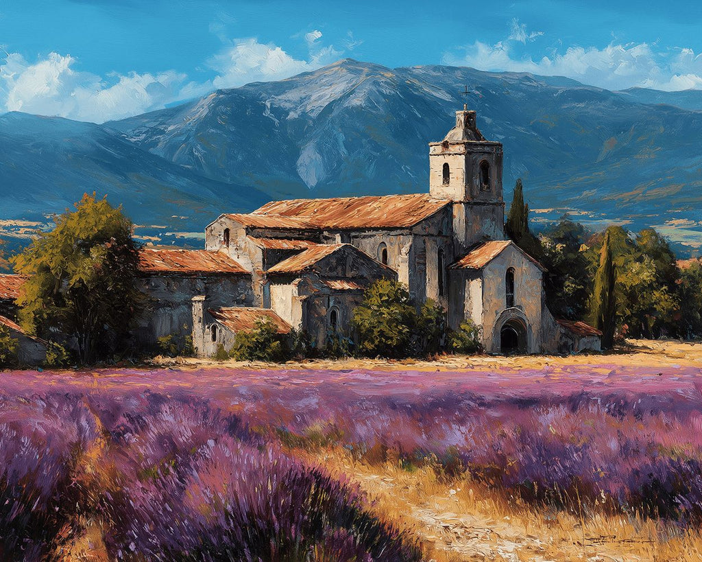 Stone Houses and Lavender Fields at the foot of the Mountain Paint by Numbers