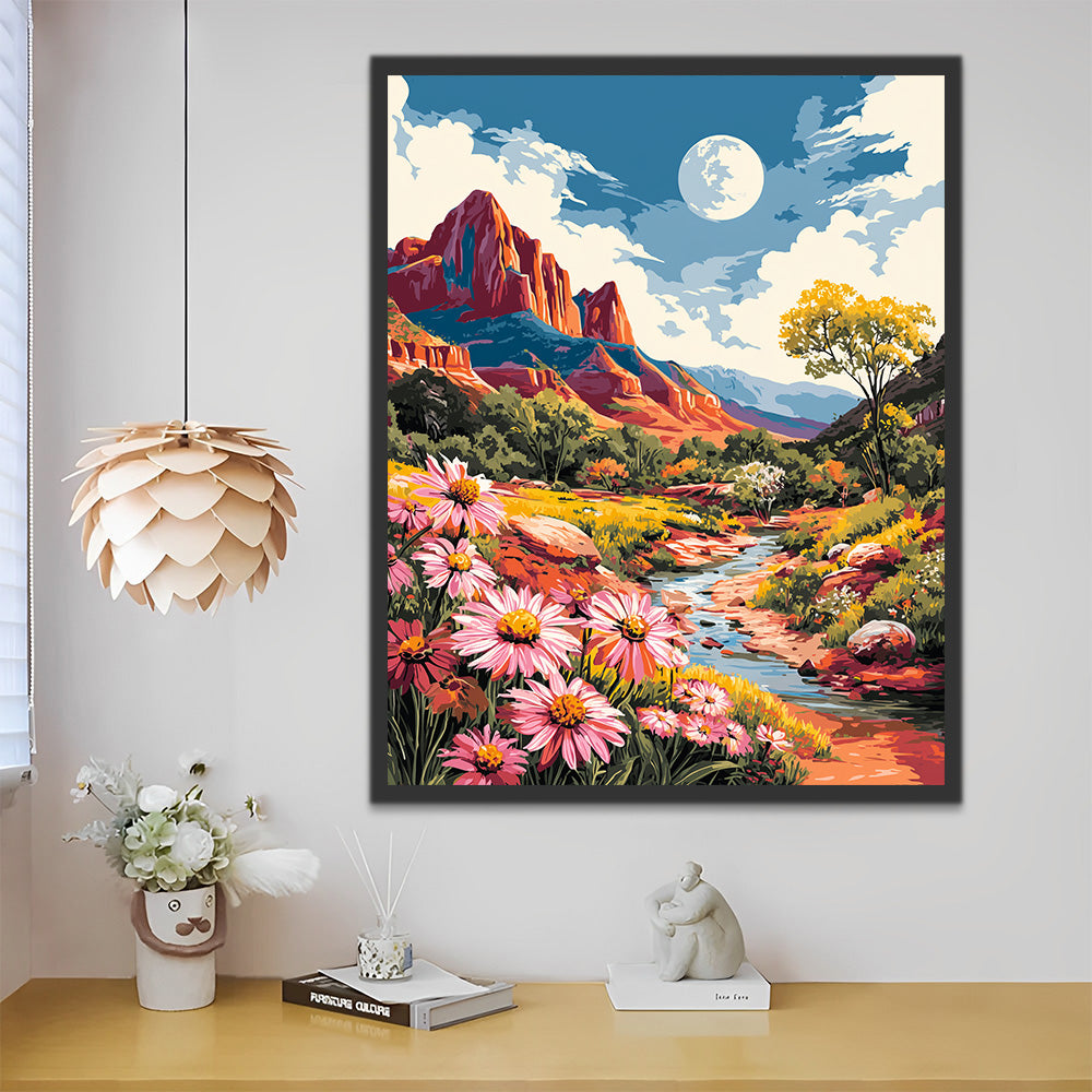 Stream and Pink Chrysanthemums in the Valley Paint by Numbers