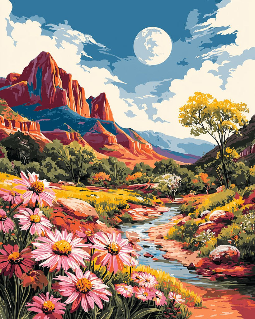 Stream and Pink Chrysanthemums in the Valley Paint by Numbers