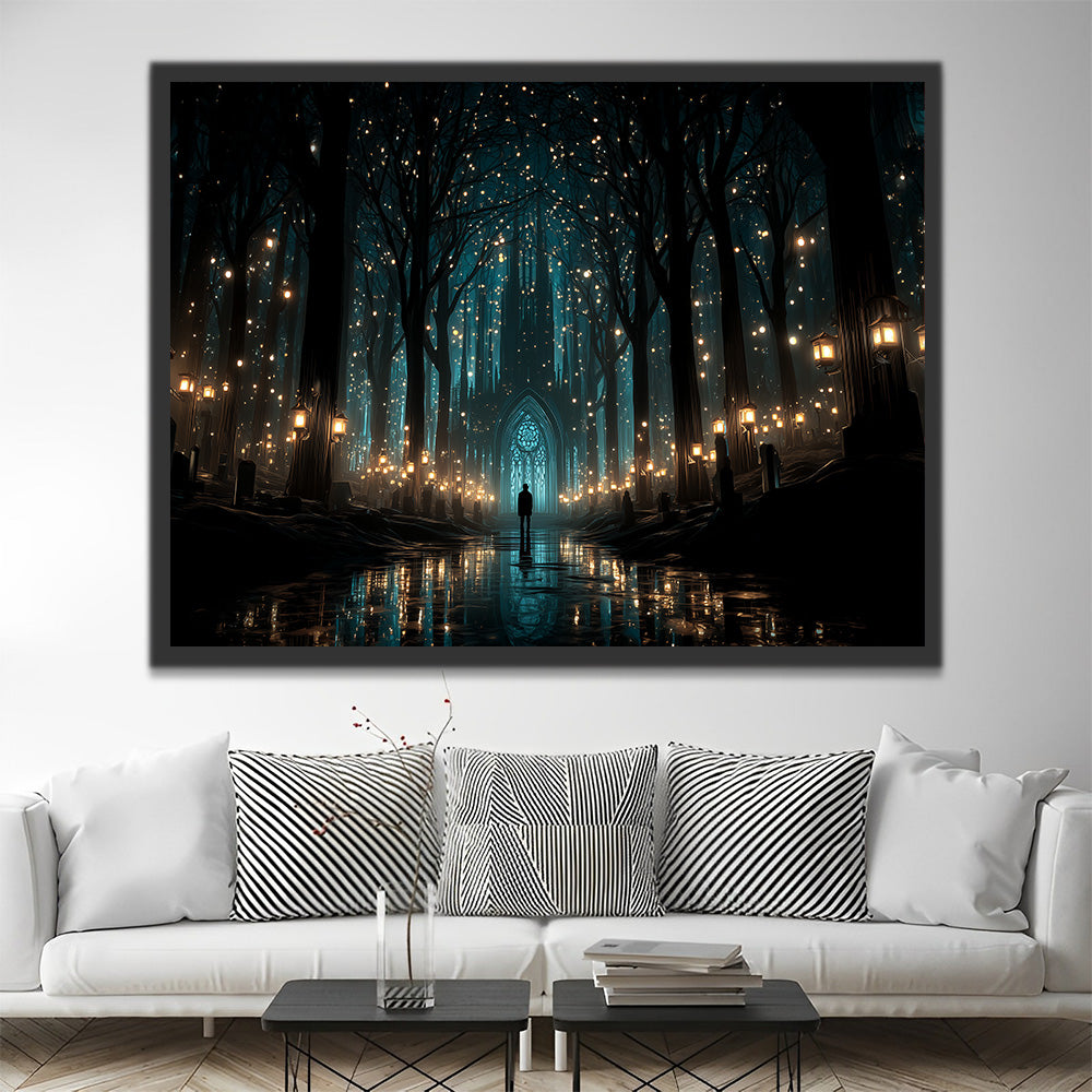 Street Lights and Glowing Trees outside the Castle Paint by Numbers