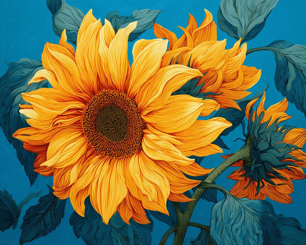 Sunflowers on Blue Background Paint by Numbers