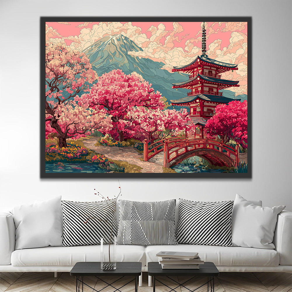 Temple and Red Flower Trees in the Mountains Paint by Numbers