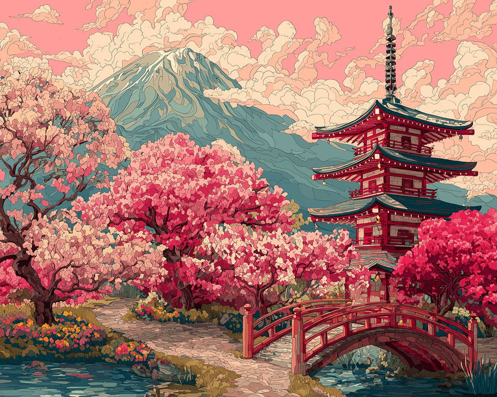 Temple and Red Flower Trees in the Mountains Paint by Numbers